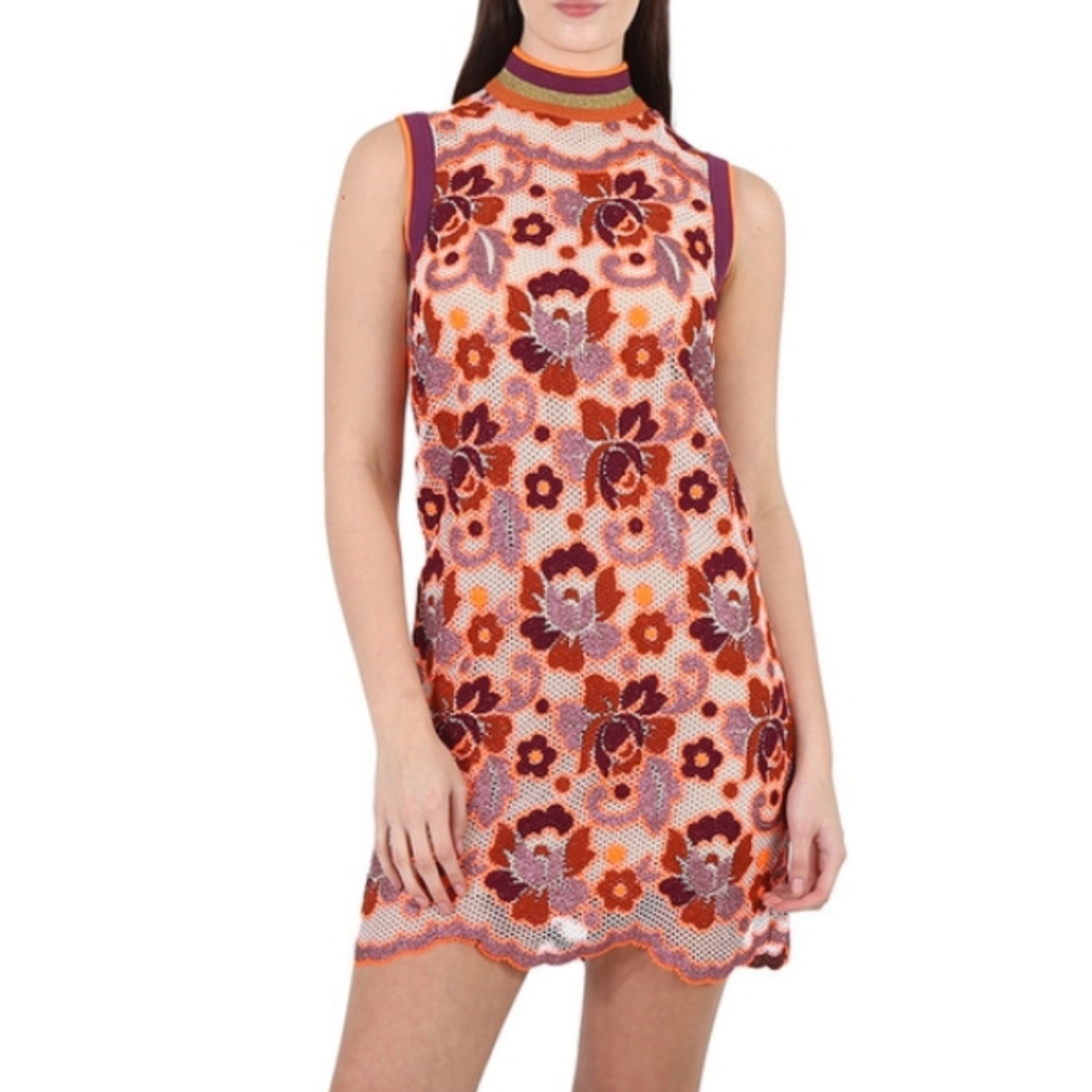 New Burberry Edna Floral Sleeveless Dress Orange and Purple Accents, Size M